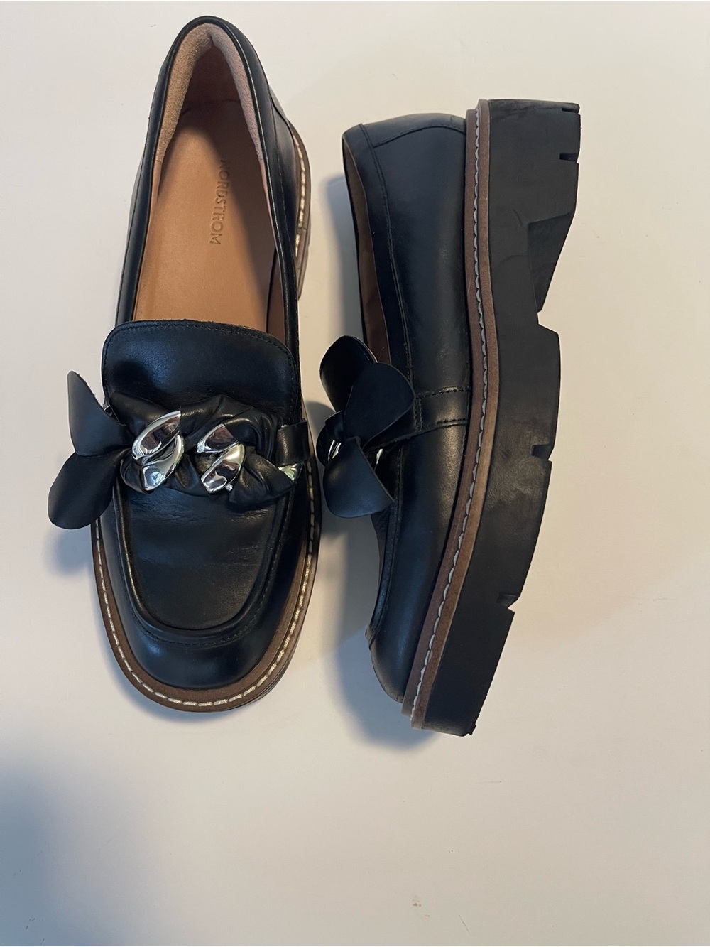 Nordstrom Loafers Chunky Platform Leather Size 7 Silver Chain Hardware - Picture 8 of 16